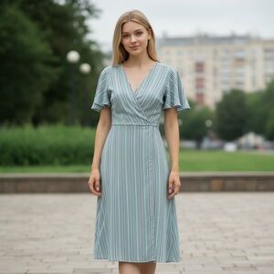 Pastel Striped Dress With Flutter Sleeve & Faux Wrap Tie Back- Size Medium